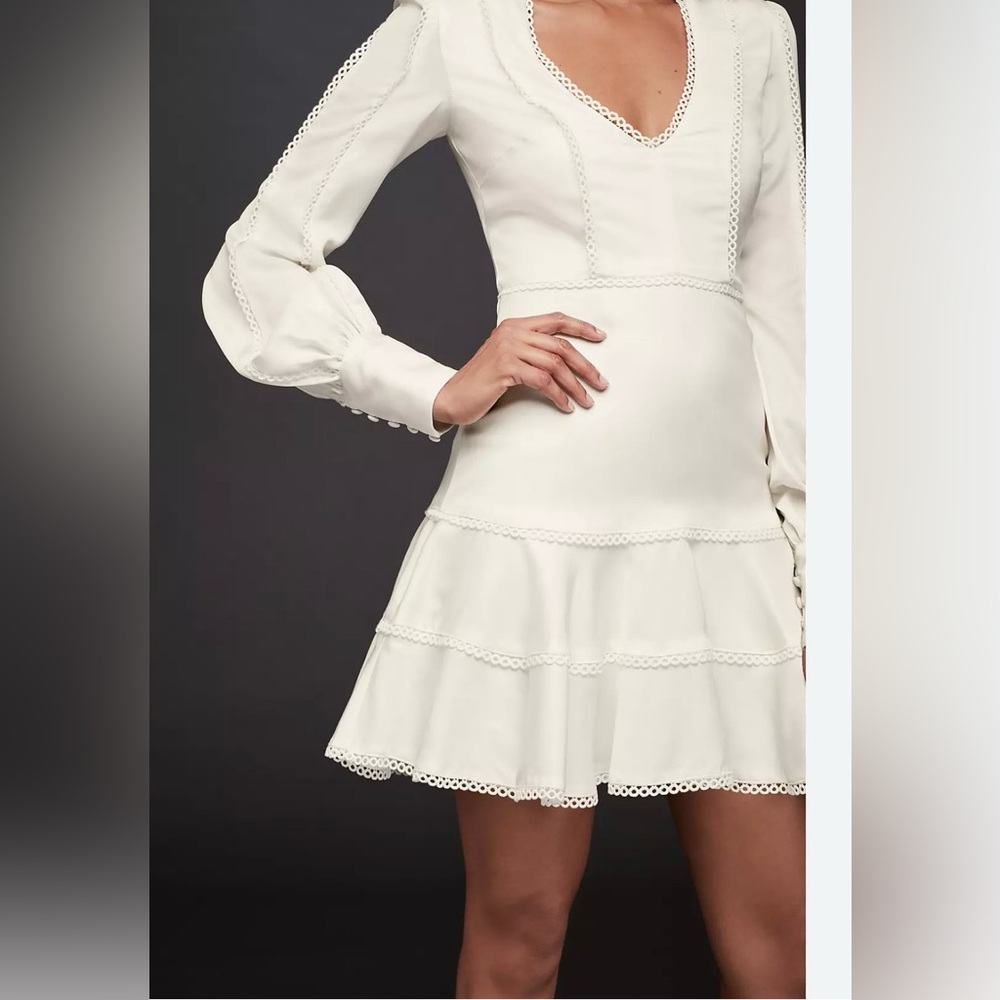 Bardot White Linen Mini Dress Lace Trim Long Sleeve Bridal Bachelorette Size 6